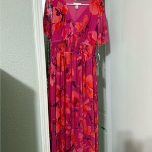 London Times Pink Maxi Dress with Red Floral Print